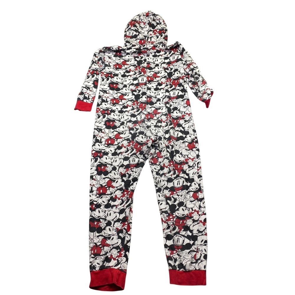 Disney Minnie Mouse All Over‎ Print Hooded Pajama Onesie Sleepwear Red Trim Sz M - Picture 6 of 11